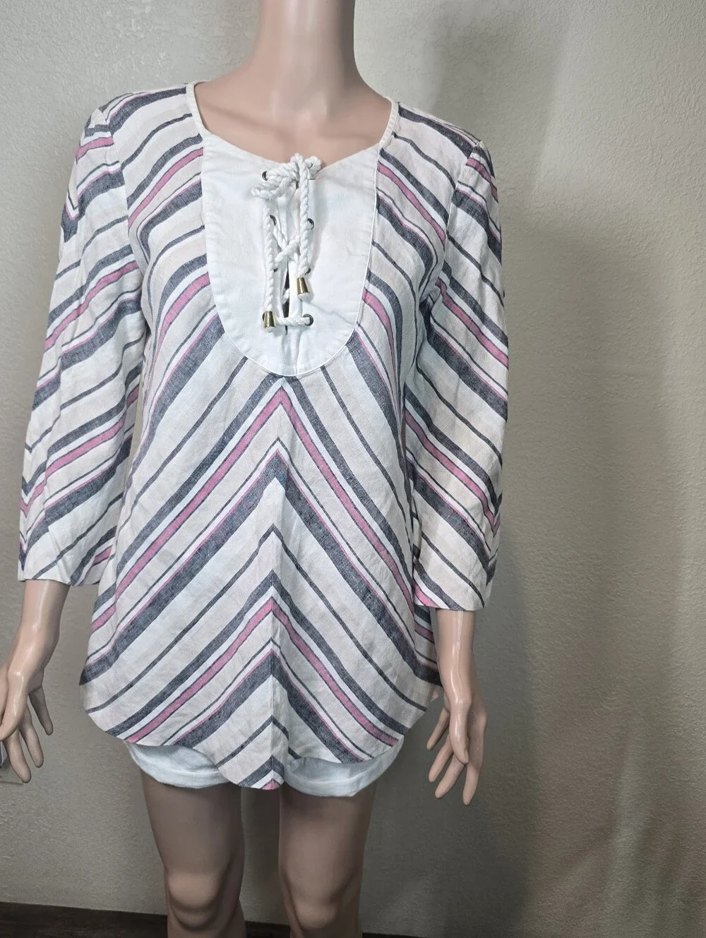Tory Burch Linen Tunic Top Sz 12 Striped Lace Up Neck Long Sleeve Beach Resort